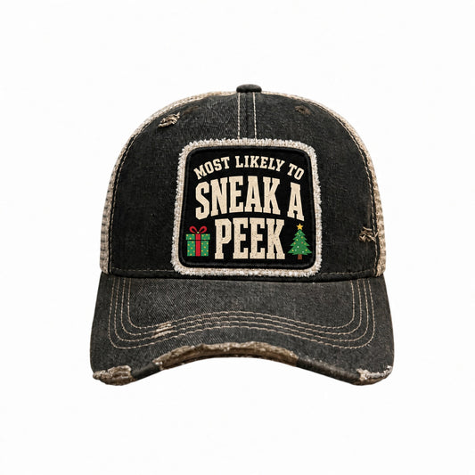 MOST LIKELY TO SNEAK A PEEK distressed Christmas trucker hat - Black