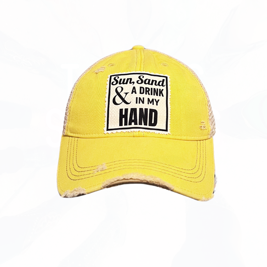 Sun, Sand & A Drink In My Hand Distressed Trucker Hat