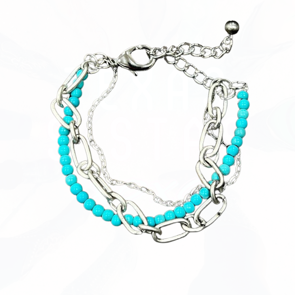 Turquoise Beads & Silver Chains Bracelet Adjustable