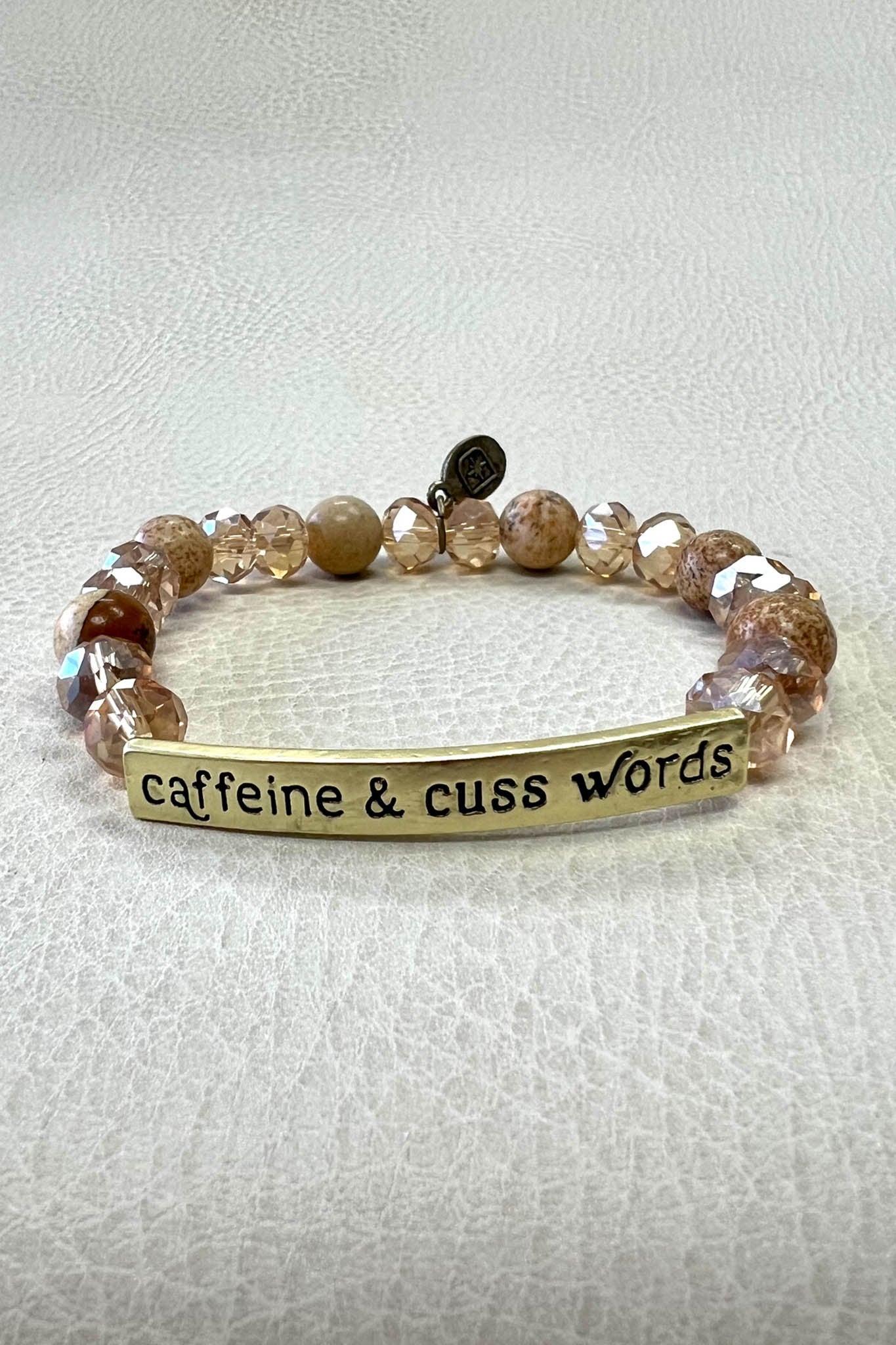 Caffeine & Cuss Words Gold Natural Beads Stretch Bracelet