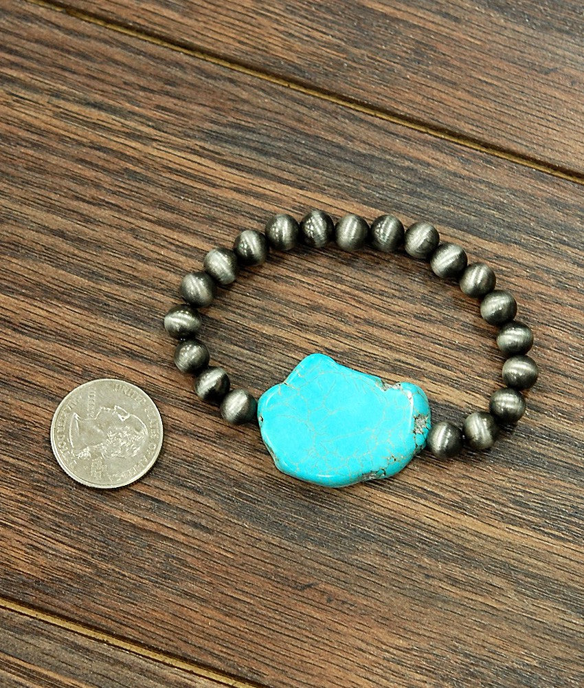 Western Turquoise Slab Stone & Bead Stretch Bracelet