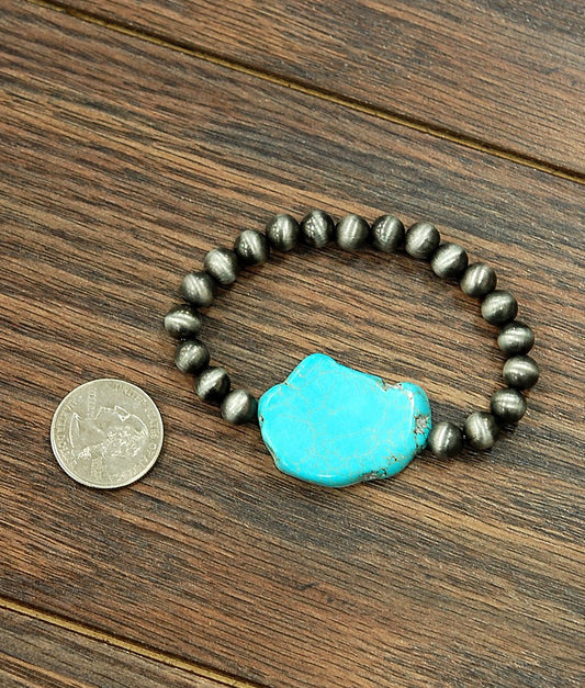 Western Turquoise Slab Stone & Bead Stretch Bracelet