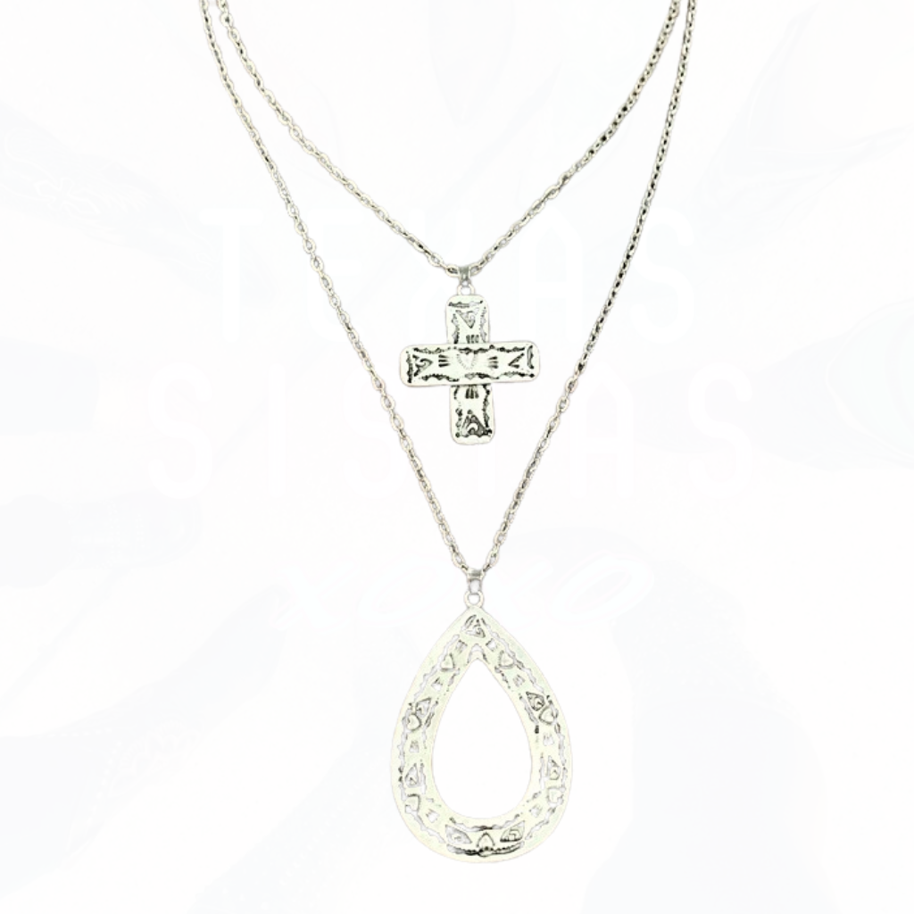 Silver Aztec Cross Teardrop Double Chain Necklace