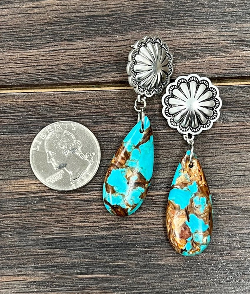 Natural Gemstone Silver Concho Drop Earings