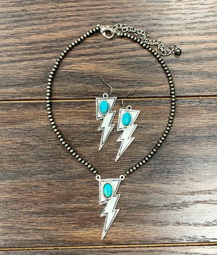 Navajo Lightning Bolt Silver Turquoise Necklace & Earring Set