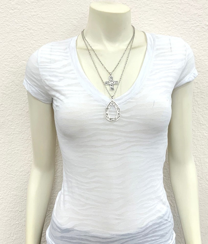 Silver Aztec Cross Teardrop Double Chain Necklace