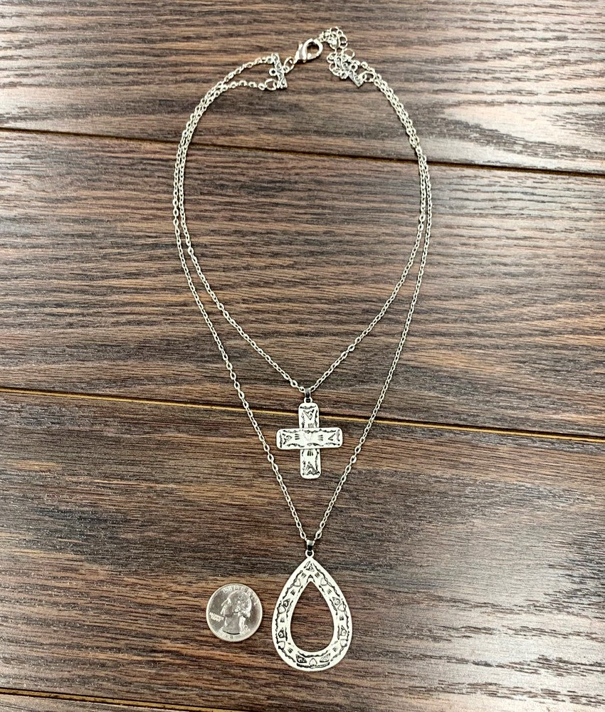 Silver Aztec Cross Teardrop Double Chain Necklace