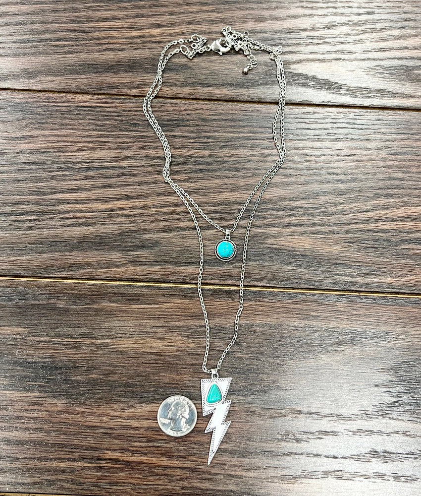 Double Lightning Bolt Tuquoise Silver Necklace