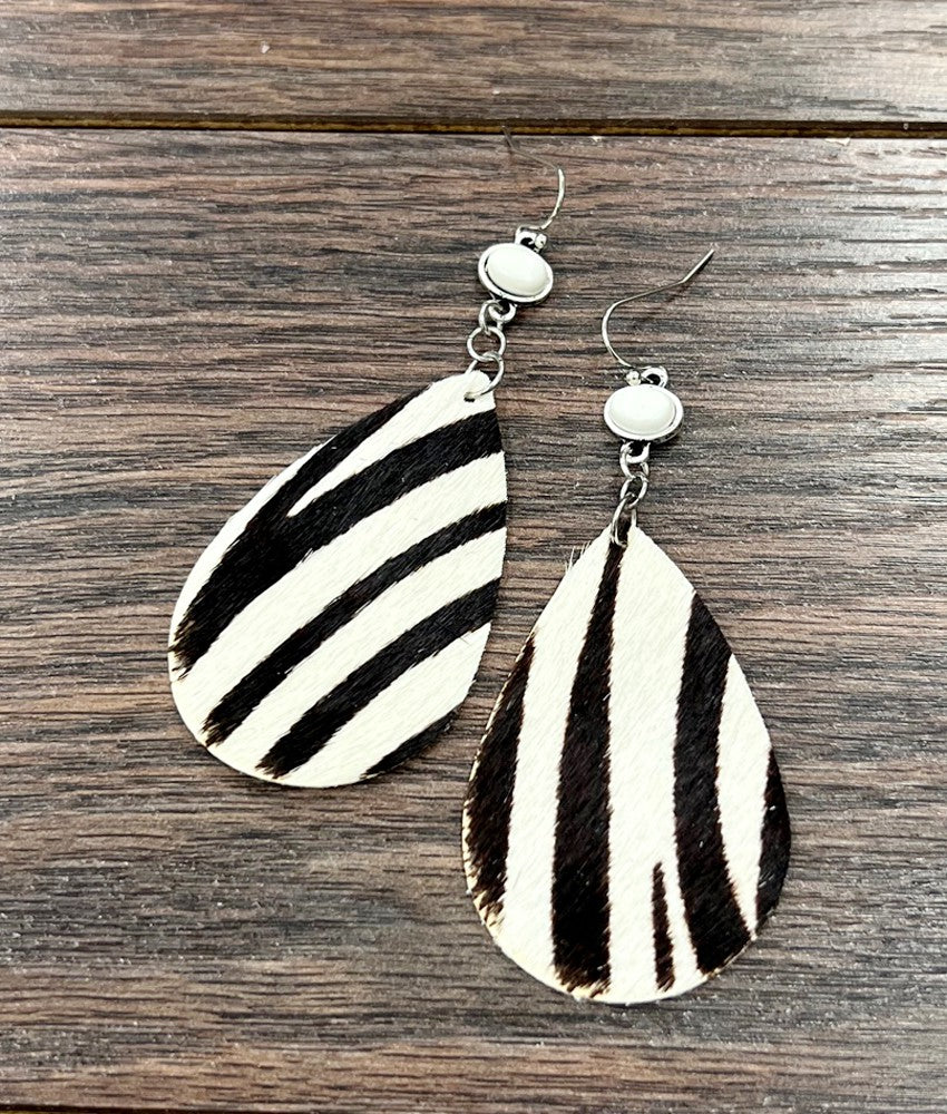 White Turquoise Hair On Hyde Leather Animal Earrings