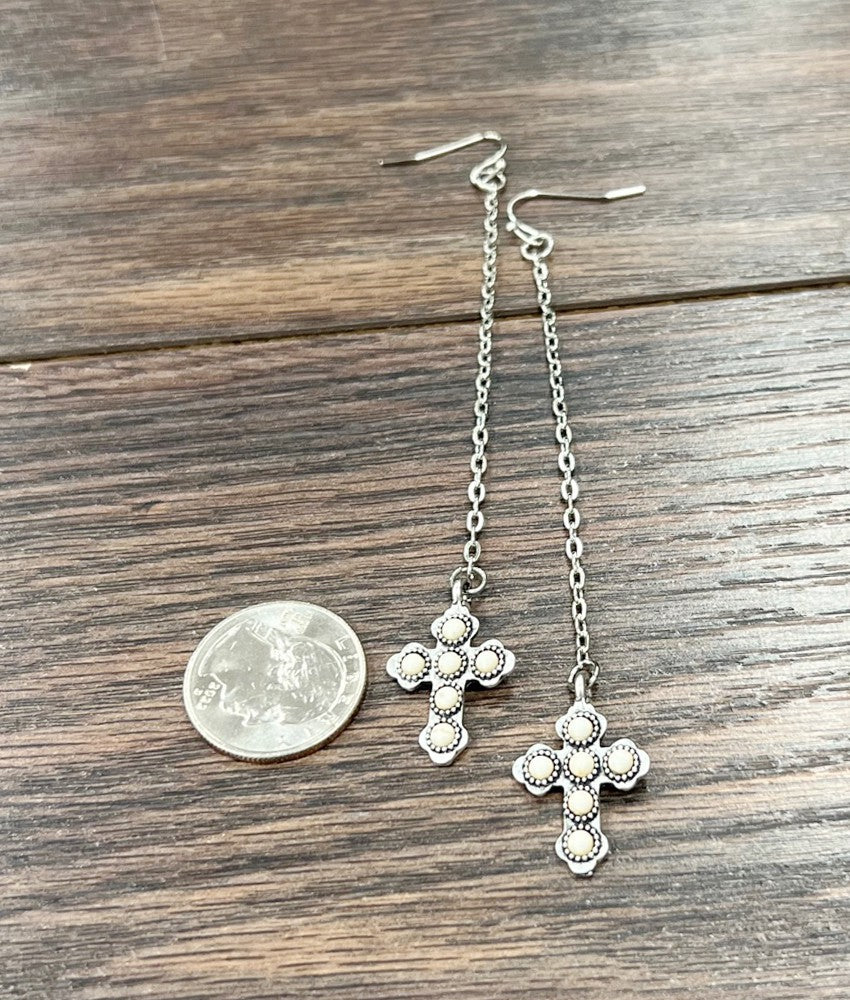 Silver Cross Drop Dangle Earrings