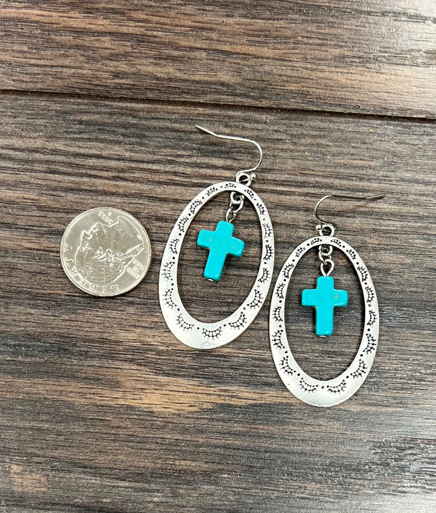 Silver Cross Concho Drop Earrings Turquoise