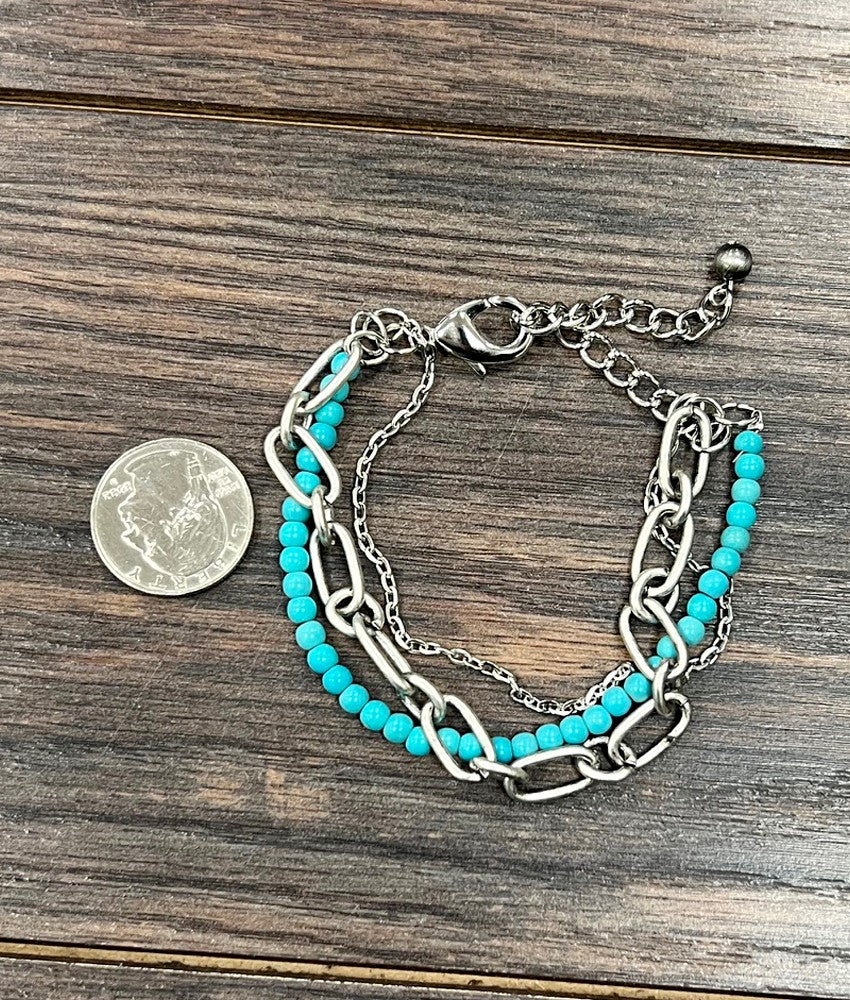 Turquoise Beads & Silver Chains Bracelet Adjustable