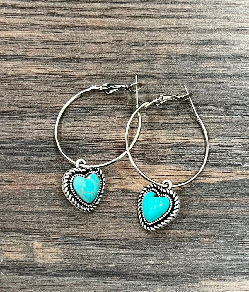 Heart Drop Turquoise Hoop Earrings