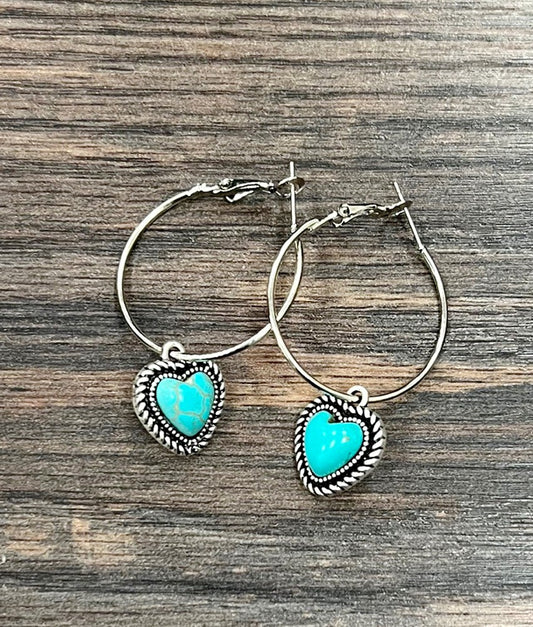 Heart Drop Turquoise Hoop Earrings