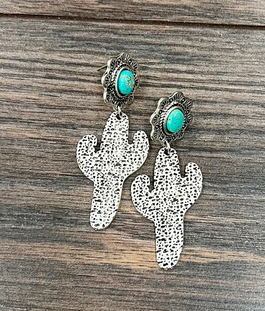 Hammered Cactus Silver Turquoise Earrings
