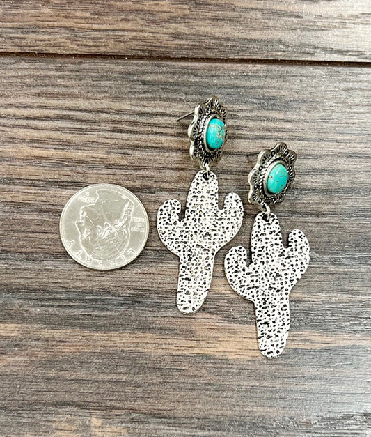 Hammered Cactus Silver Turquoise Earrings