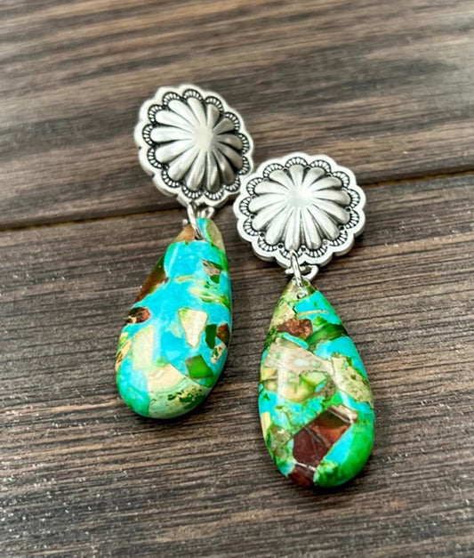 Beautiful Natural Stone Silver Concho Drop Earrings