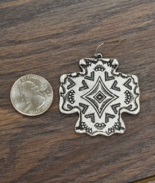 Big Silver Aztec Cross Earrings