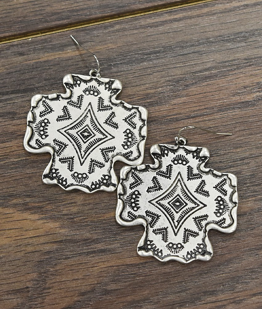 Big Silver Aztec Cross Earrings