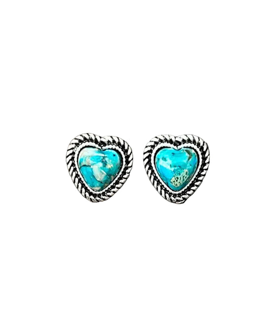 Silver Western 9mm Heart Gemstone Stud Earrings Turquoise Style