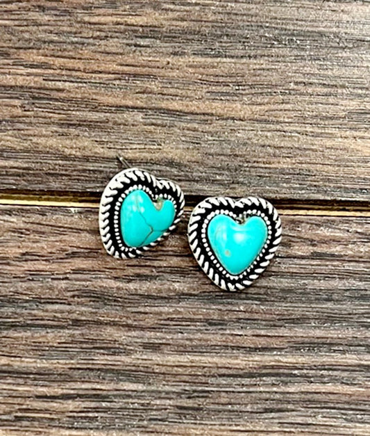 Silver Western 9mm Heart Gemstone Stud Earrings Turquoise
