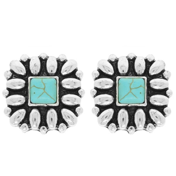 Western Floral Square Post Earrings - AB or Turquoise
