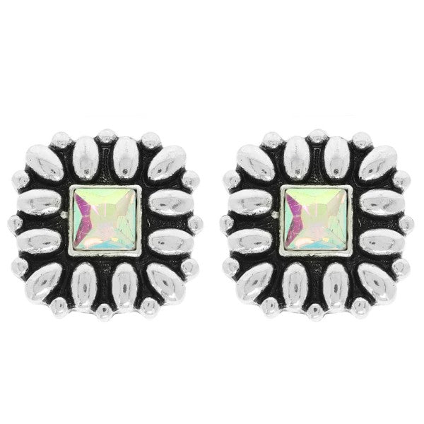 Western Floral Square Post Earrings - AB or Turquoise