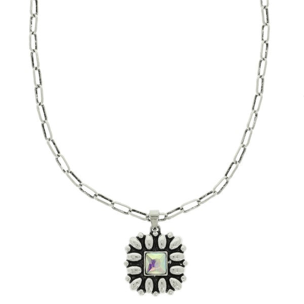 Western Floral Square Pendant Necklace