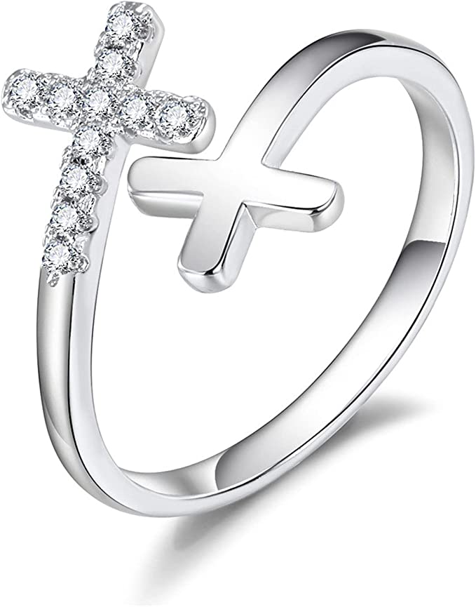 Adjustable Sterling Silver CZ Crosses Ring