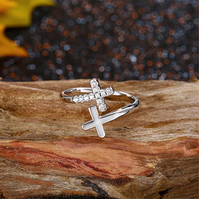 Adjustable Sterling Silver CZ Crosses Ring