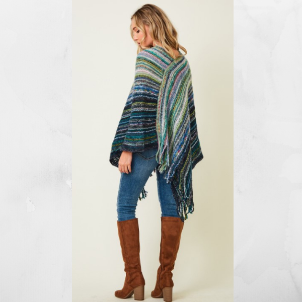 Multi-Color Fringe Knit Poncho Blue