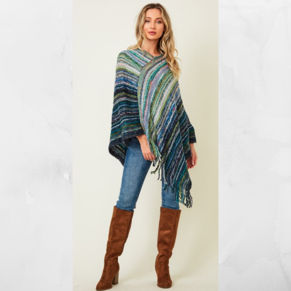 Multi-Color Fringe Knit Poncho Blue