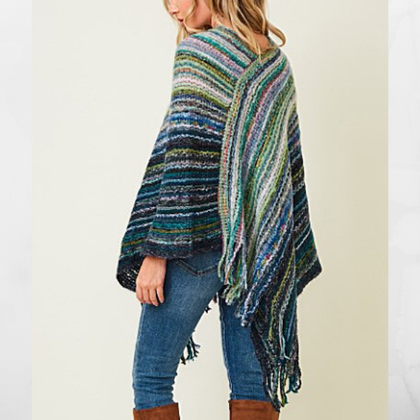 Multi-Color Fringe Knit Poncho Blue