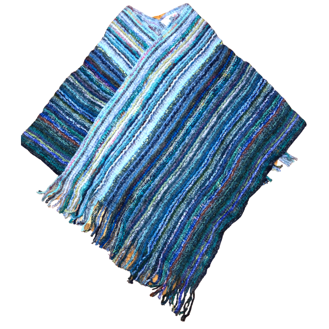 Multi-Color Fringe Knit Poncho Blue