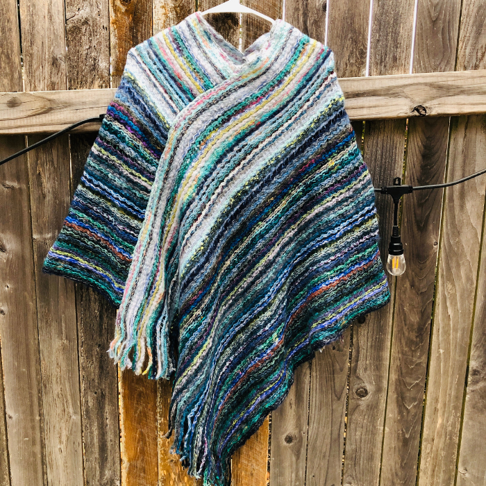 Multi-Color Fringe Knit Poncho Blue
