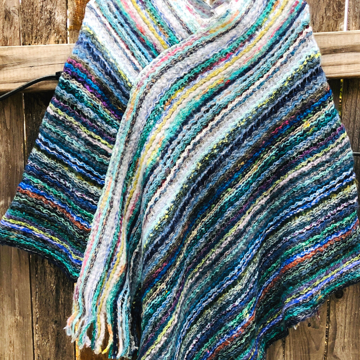 Multi-Color Fringe Knit Poncho Blue