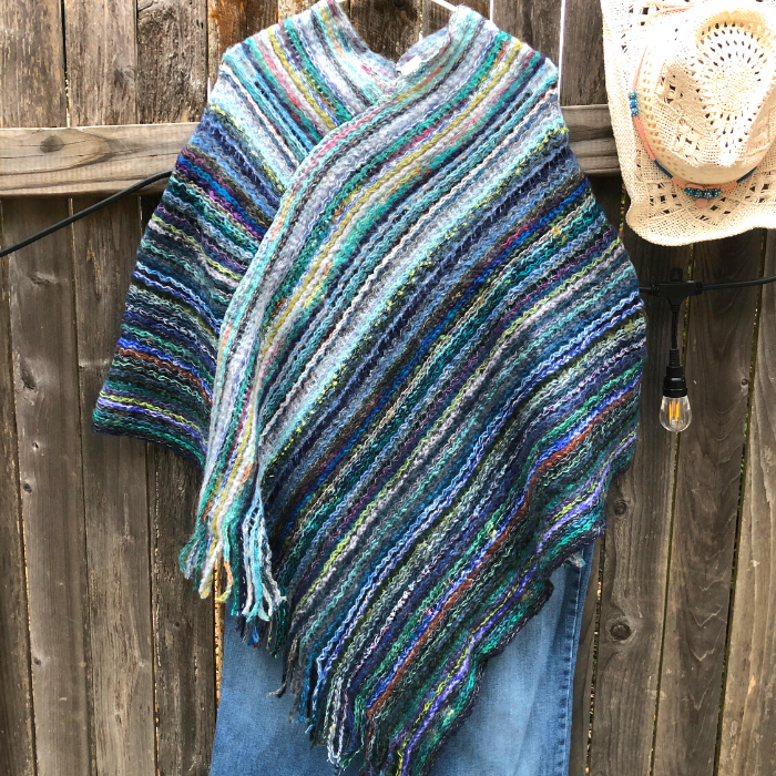 Multi-Color Fringe Knit Poncho Blue