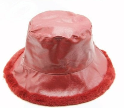 Faux Leather & Fur Lined Bucket Hat - Black or Red