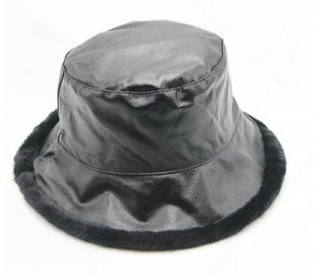 Faux Leather & Fur Lined Bucket Hat - Black or Red