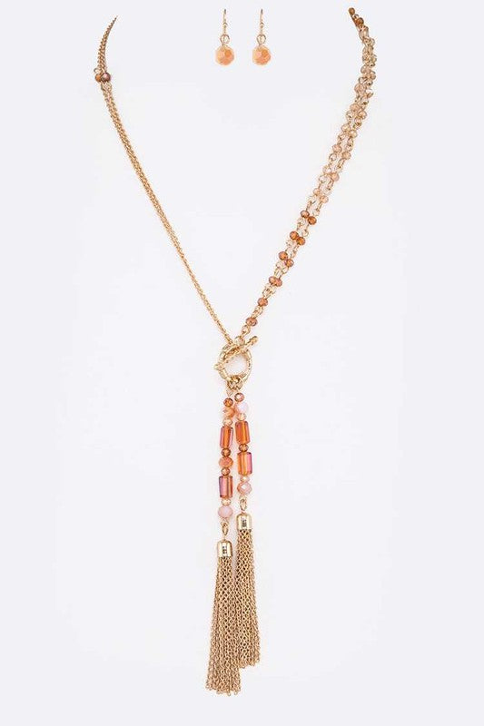 Mix Crystal Toggle Chain Tassel Necklace Set