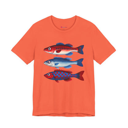 Americana Fish Trio Graphic Tee — Nautical Red & Blue Coastal T-Shirt
