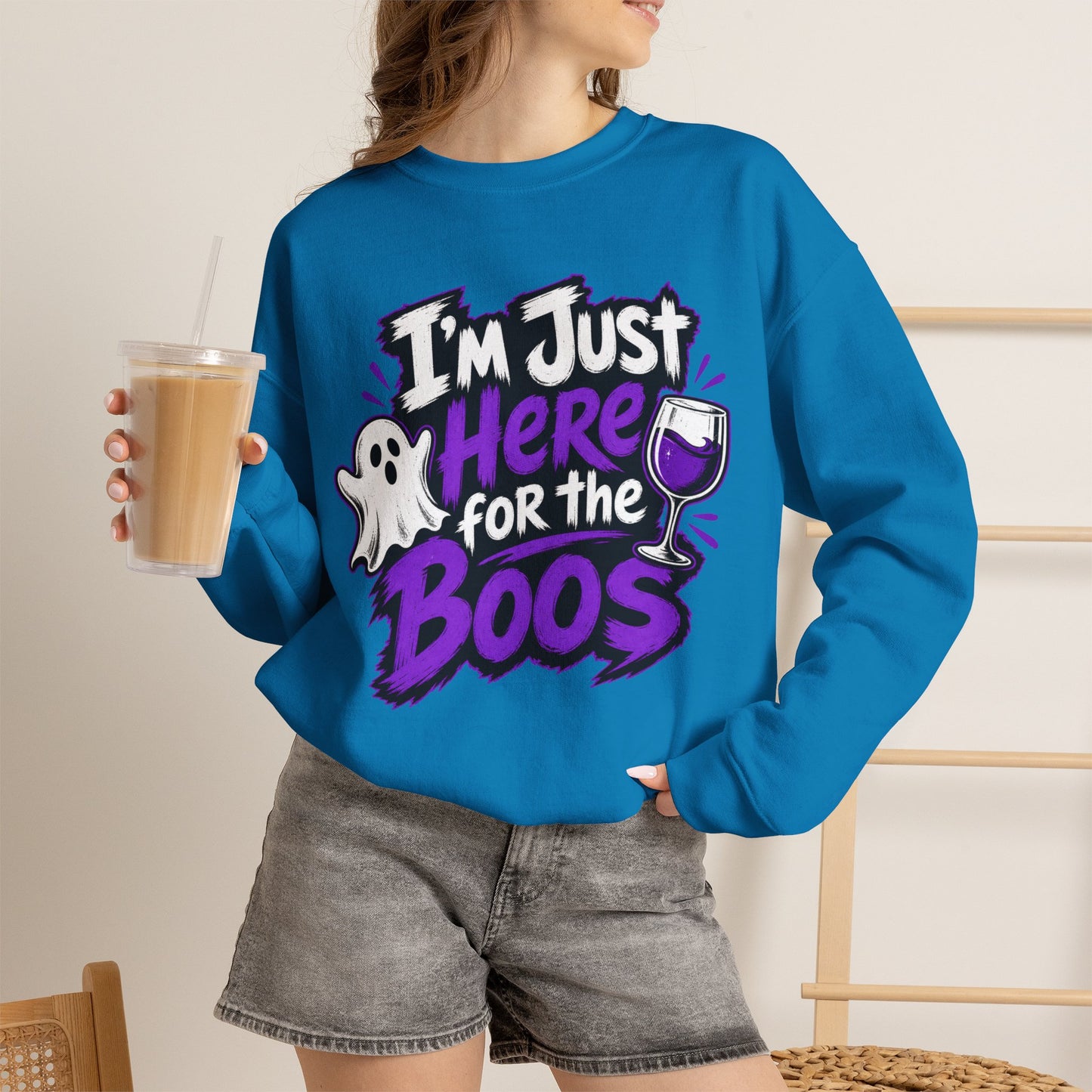I'm Just Here for the Boos Halloween Sweatshirt — Ghost & Wine Graphic Crewneck