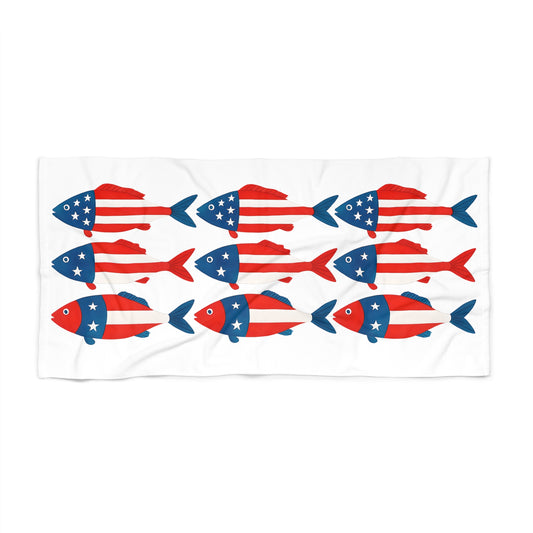 Patriotic Fish Beach Towel – American Flag Red White Blue Summer Towel