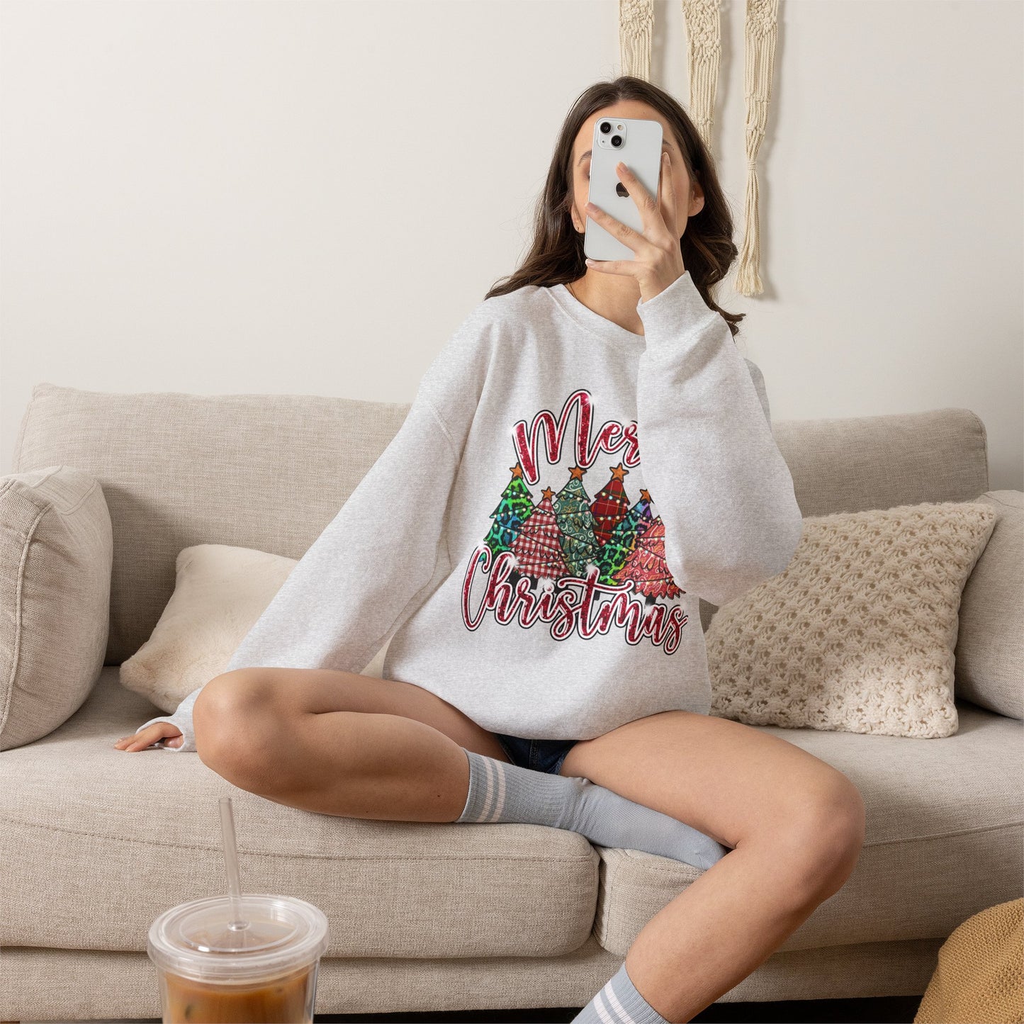 Merry Christmas Crewneck Sweatshirt - Festive Plaid Christmas Trees Holiday Sweatshirt