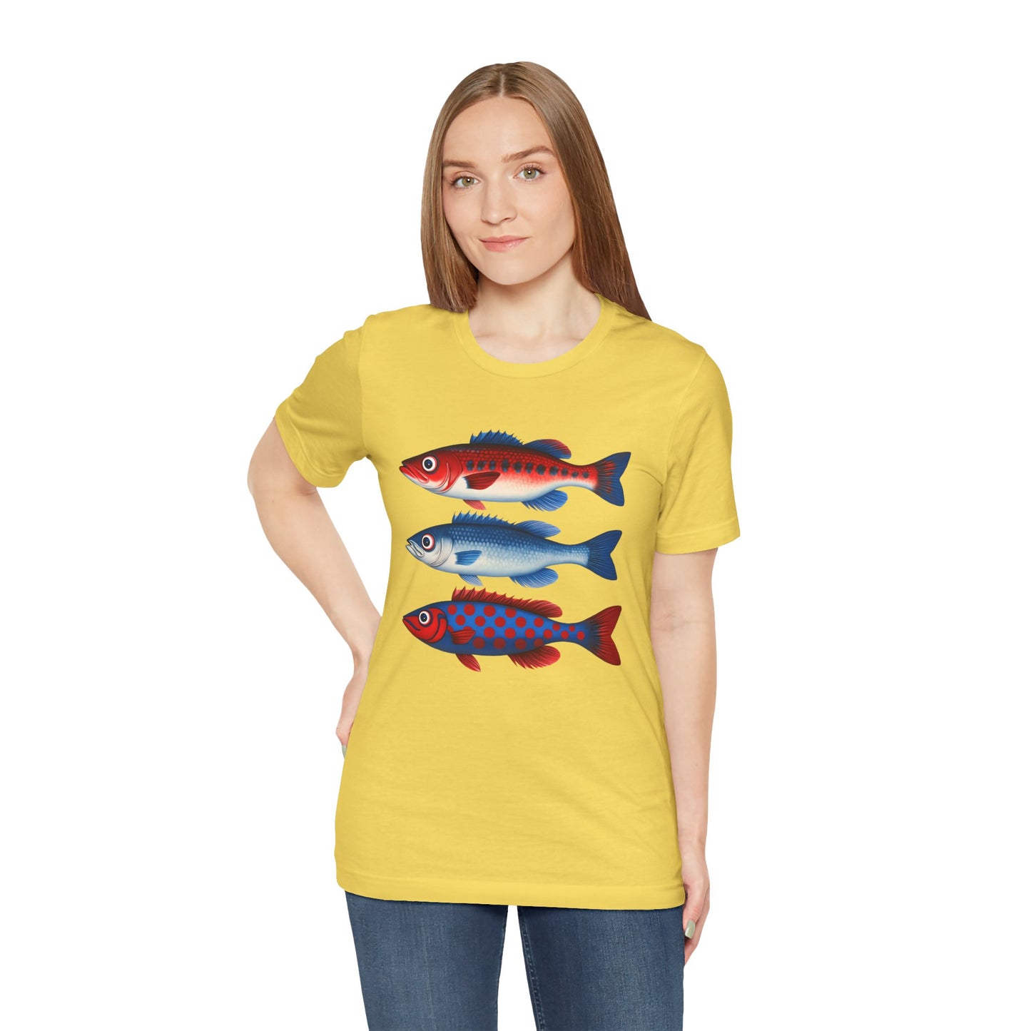 Americana Fish Trio Graphic Tee — Nautical Red & Blue Coastal T-Shirt