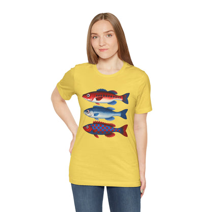 Americana Fish Trio Graphic Tee — Nautical Red & Blue Coastal T-Shirt
