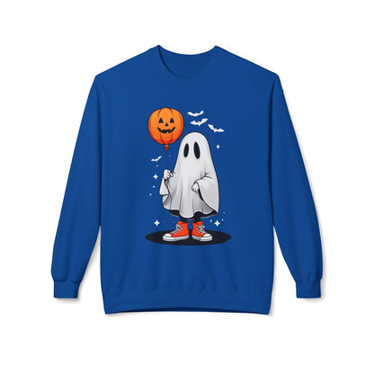 Ghostly Halloween Sweatshirt with Orange Pumpkin Balloon, Unisex Crewneck