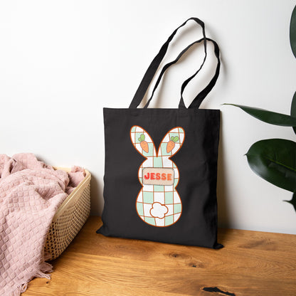 Personalized Plaid Easter Bunny Tote Bag - Custom Name Cotton Canvas