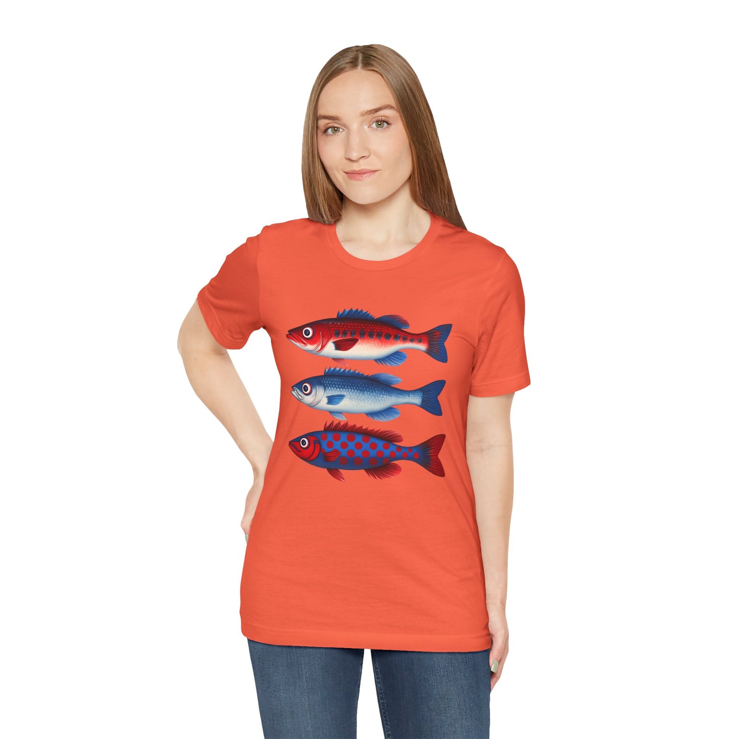 Americana Fish Trio Graphic Tee — Nautical Red & Blue Coastal T-Shirt