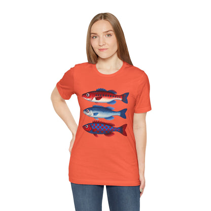 Americana Fish Trio Graphic Tee — Nautical Red & Blue Coastal T-Shirt